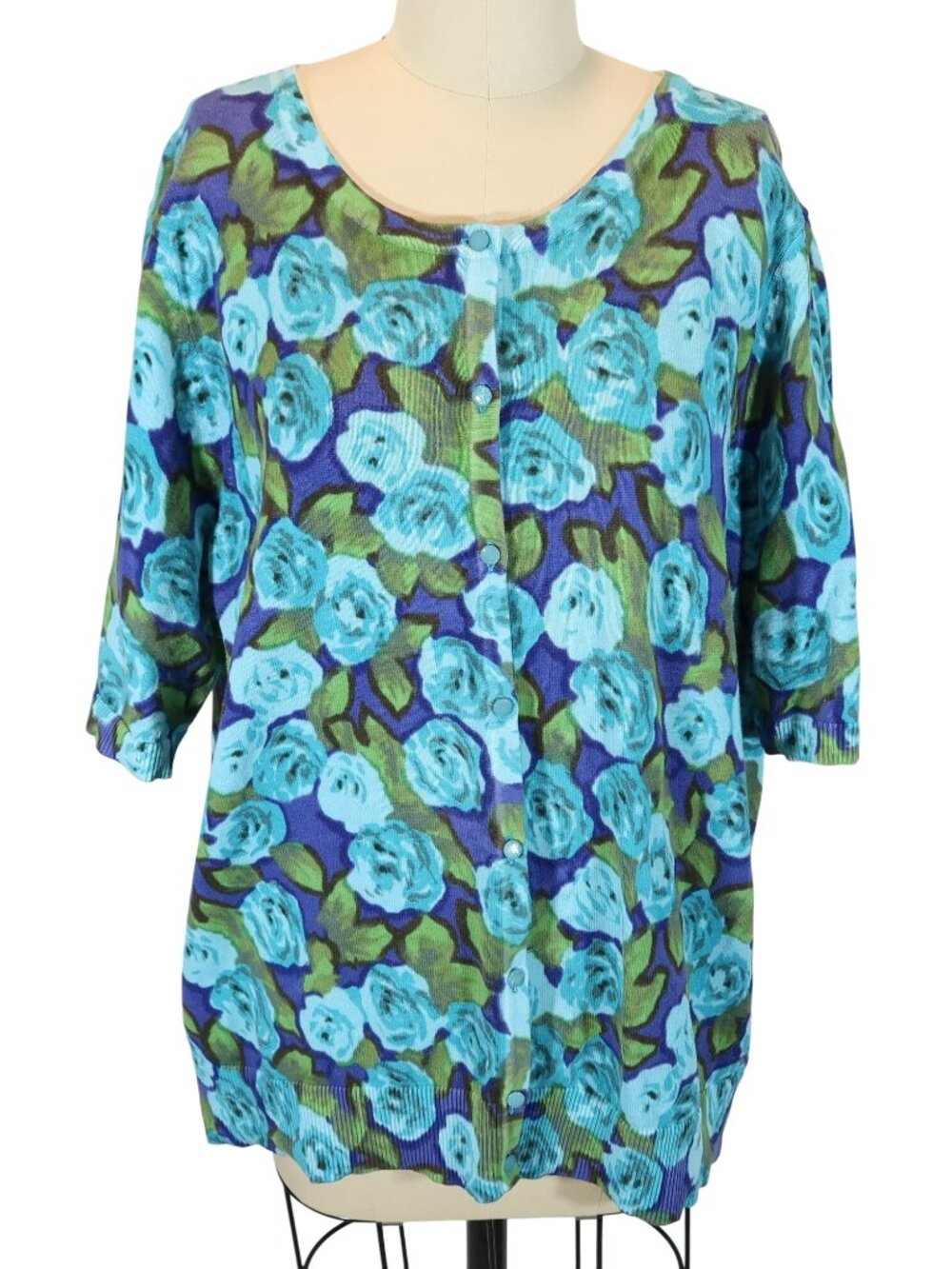 TALBOTS Floral Short Sleeve Cotton Blend Cardigan Sweater Size XL Cottage Preppy